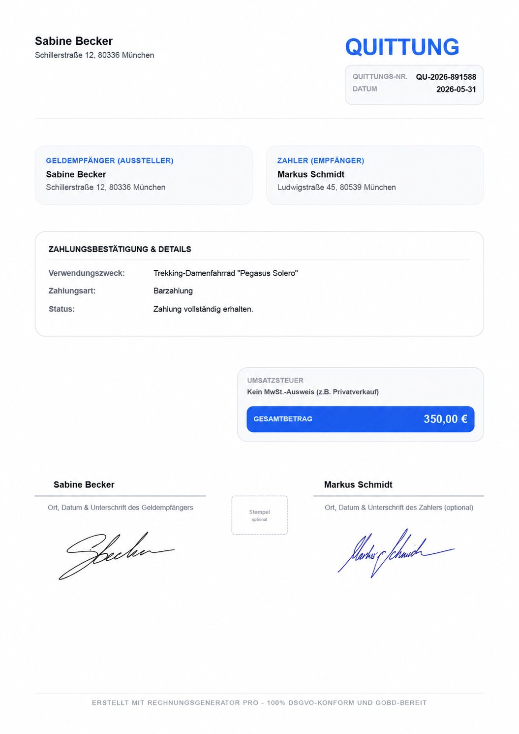 Professionelle Quittung online erstellen – Kostenloser Quittung Generator Deutschland Beispiel einer professionellen Quittung erstellt mit dem kostenlosen Quittung Generator für Deutschland inklusive Zahlungsempfänger, Zahler, Gesamtbetrag und Unterschriften